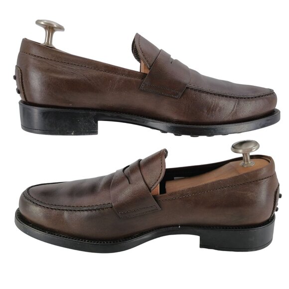 Tod\'s Italy Brown Leather Penny Loafers Mens size 9 Dress Shoes Driving Slip-ons